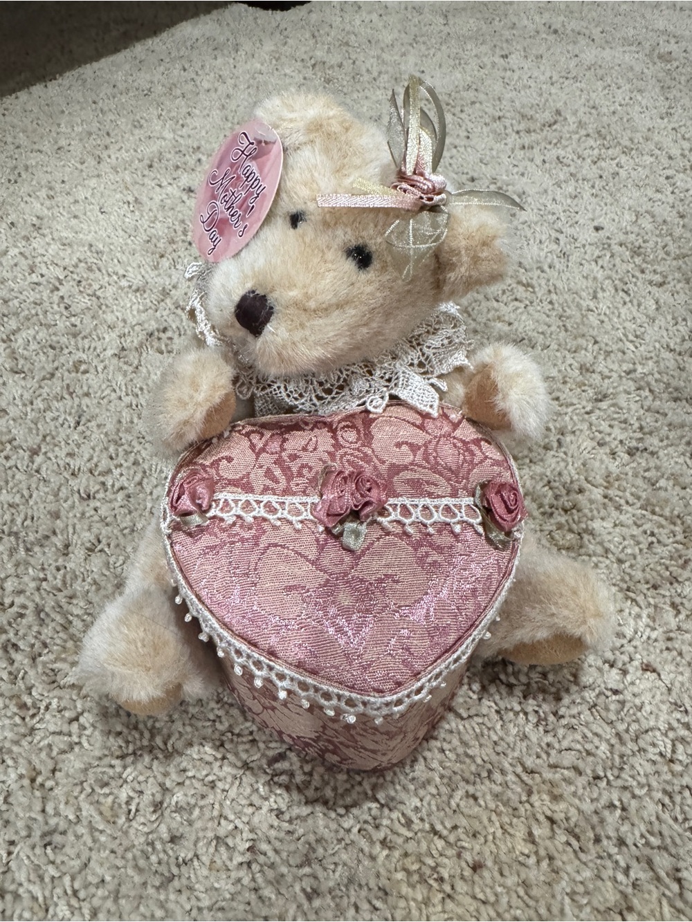 NWT Vintage Dan Dee Collectors Choice Pink Plush Bear with Heart Jewelry Box